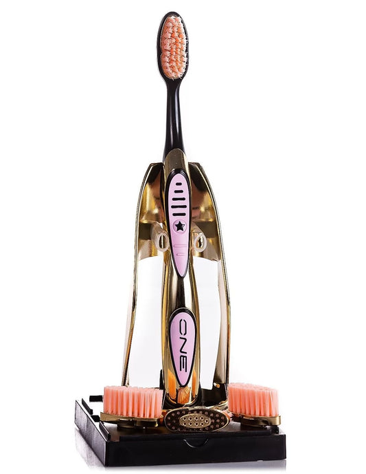 Periuta de dinti One Gold placata cu aur 24K, 3 rezerve roz, Limited Edition, Roz